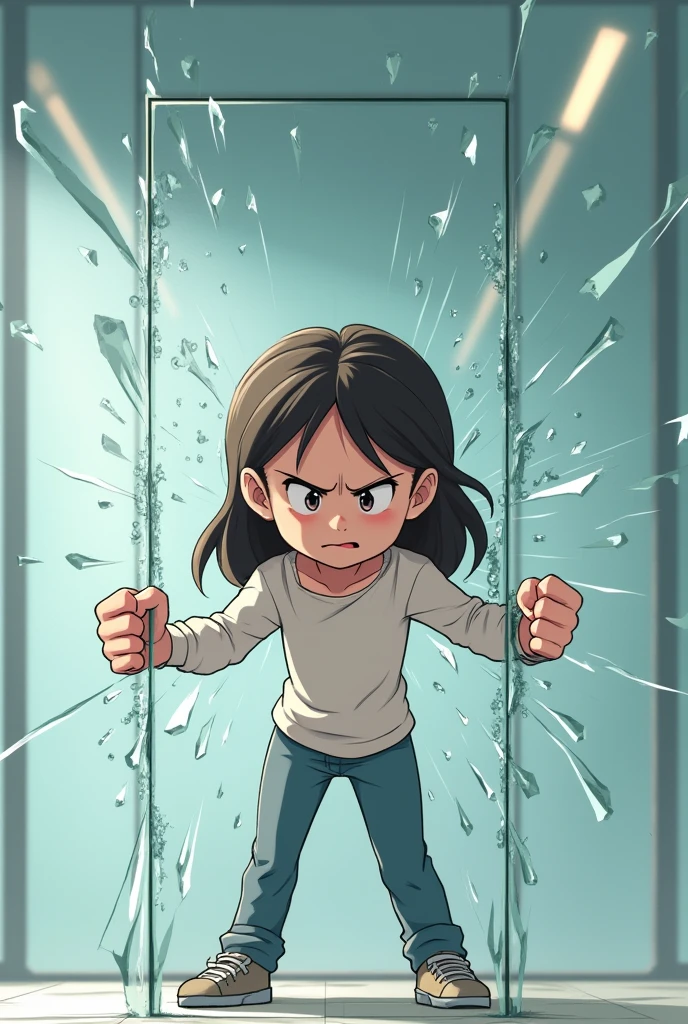 A young woman tries to get past a glass wall using force but can&#39;t (Realistic animated illustration )
