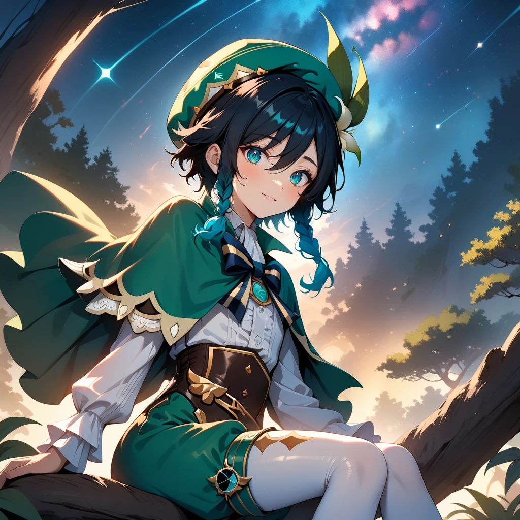 (best quality,4k,8k,highres,masterpiece:1.2),1boy,venti_\(genshin_impact\),sitting in tree,(face focus,detailed face and clear eyes),flat chest,realistic:.5,night time,ladyshadow,bluegreen eyes,mysterious smile,green cape,white long sleeved shirt,leather corset,(puffy green shorts),(plain white tights),green hat, dark night scene, starry sky with nebula,dark,low light,deep blue lighting,