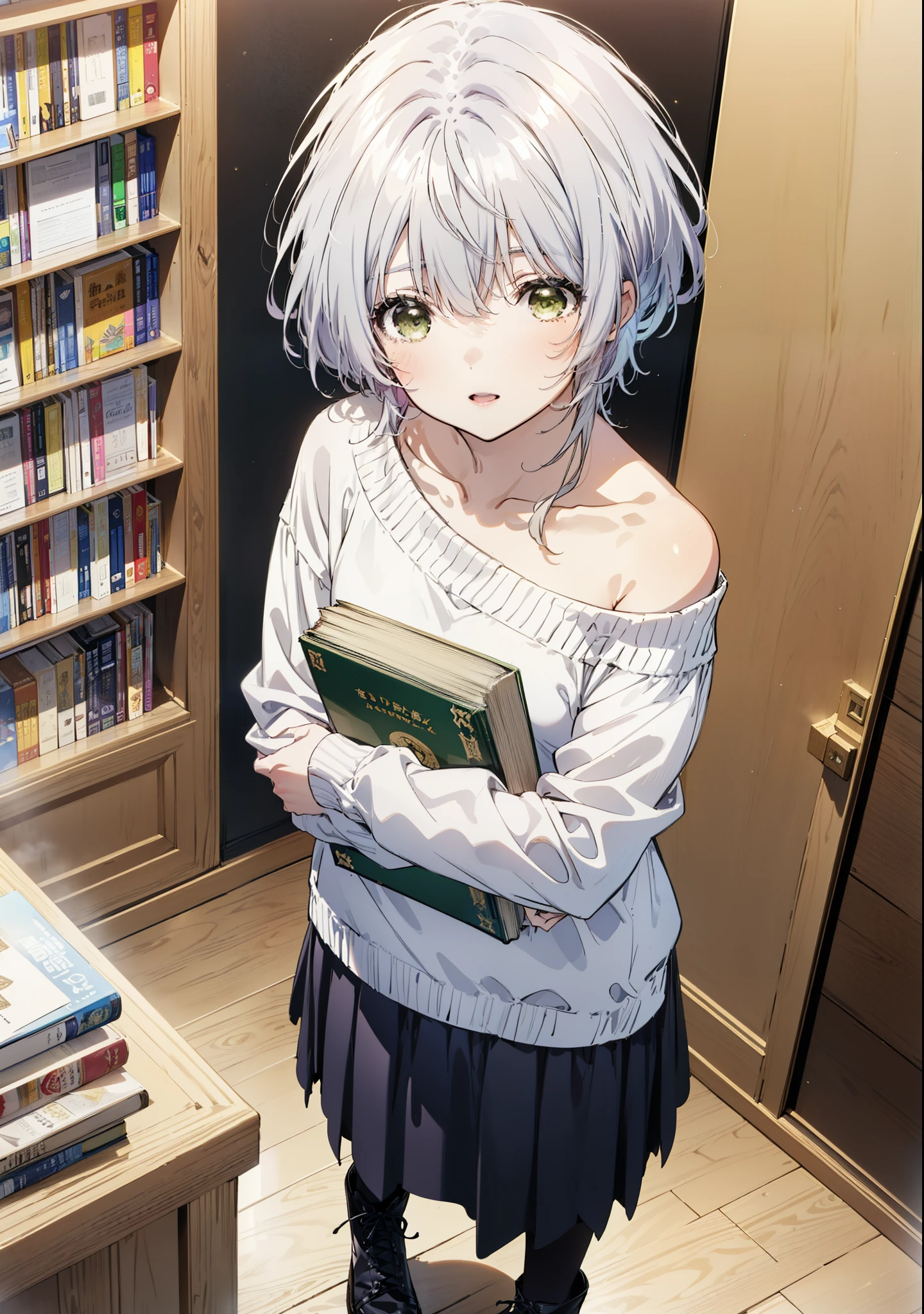 fuukakikuchi, fuuka kikuchi, short hair, bangs, Hair between the eyes, (Green Eyes:1.3),smile,Open your mouth,Grey Hair,One-shoulder sweater,Long skirt,Black pantyhose,short boots,Holding a book in both arms,Bookshelf,There are many books piled up on the table,whole bodyがイラストに入るように,
break indoors, figure書館,
break looking at viewer,whole body,
break (masterpiece:1.2), Highest quality, High resolution, unity 8k wallpaper, (figure:0.8), (Beautiful attention to detail:1.6), Highly detailed face, Perfect lighting, Highly detailed CG, (Perfect hands, Perfect Anatomy),