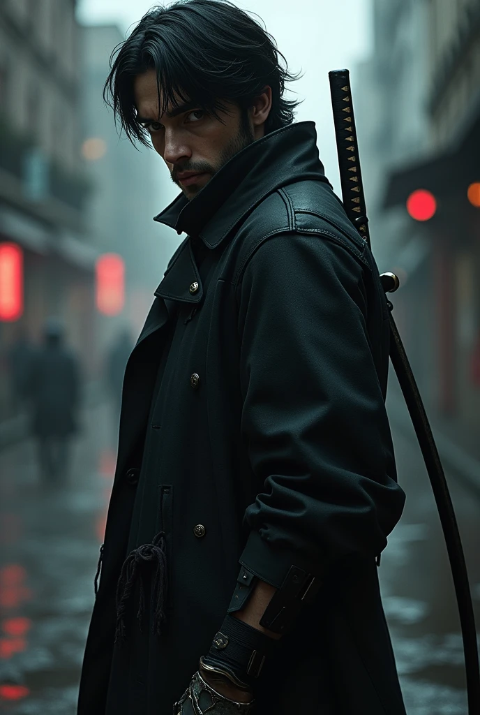 naughty man, 35 year old, dark countenance, black medium hair, above all, katana on the back, eyes black, electrical metal gloves 