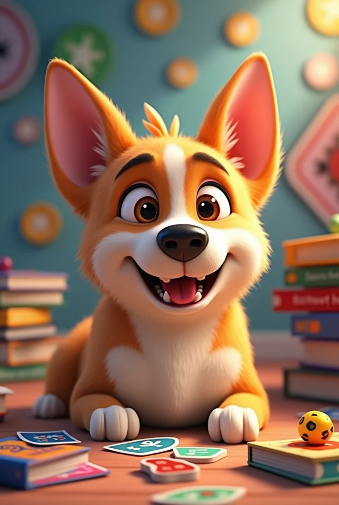 Adult dog head with board games in animated version 