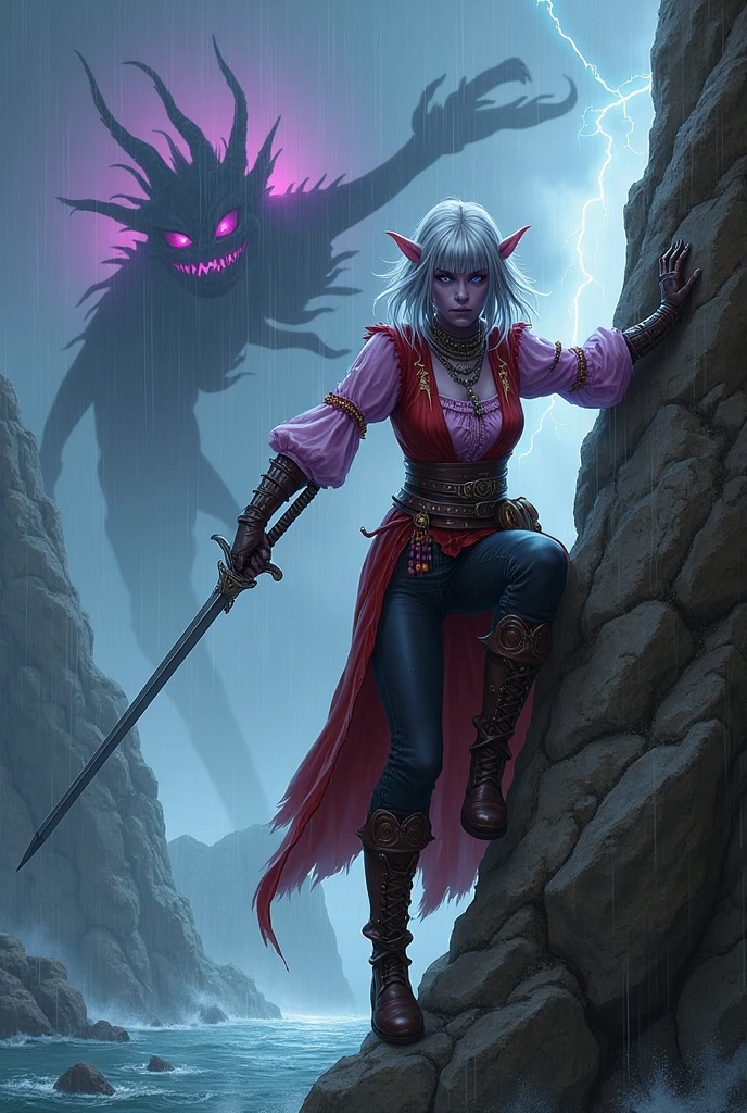 (Ultra-detailed face, looking away, Fantasy Illustration with Gothic, Ukiyo-e, Comic Art, Rich colors), 
BREAK 
(Medieval Norse world, storms, thunderstorms, thick fog, rough seas, sheer cliffs, port towns, dragon legends, dragon zombies, dragon skeletons, dracolich), 
BREAK 
(DarkElves: A middle-aged dark elf woman with silver color hair, blunt bangs, bob cut and dark purple color skin, lavender color eyes), 
BREAK 
(Dark elf female dragon hunter wears a beaded amulet woven into her hair, a ruffled blouse with pink ornaments, an embroidered red vest, leather trousers and knee-high brown boots.), 
BREAK 
(A female dark elf dragon hunter, drenched from the rain, climbs the steeply sloping stone walls of the harbor breakwater in a daring pose.), 
BREAK 
(AshenHost: In the background, a huge black-boned dragon zombie with a black-purple aura can be seen, illuminated by lightning in the storm-ravaged sea. parabolic effect)