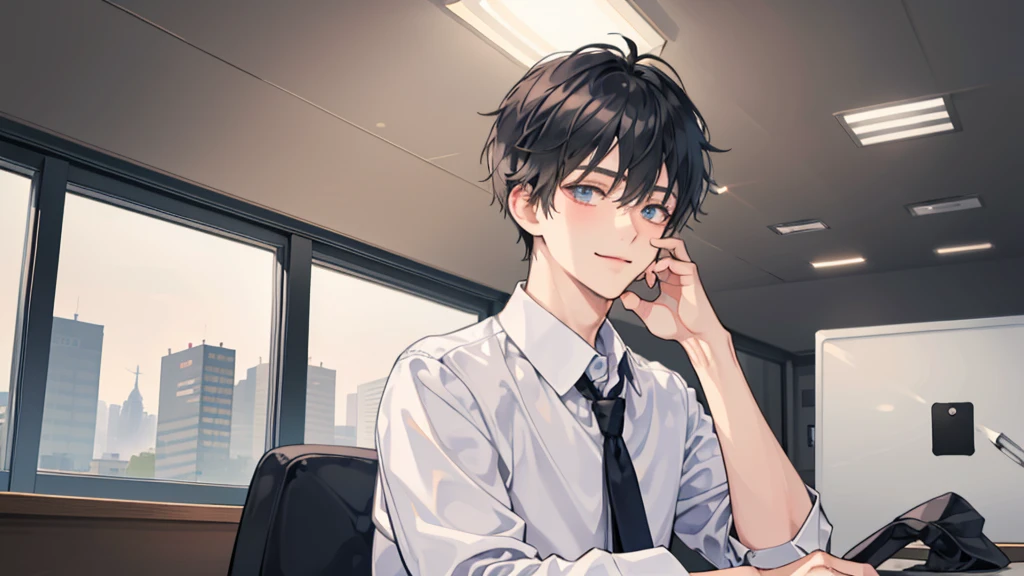 1 boy，((Solitary)),aldult，Shy,happy looking，Set，White shirt，Upper Body,tie,Pants，best quality，Facial details，office,(background office)Face centered vertical,Face facing the camera,Sitting upright,