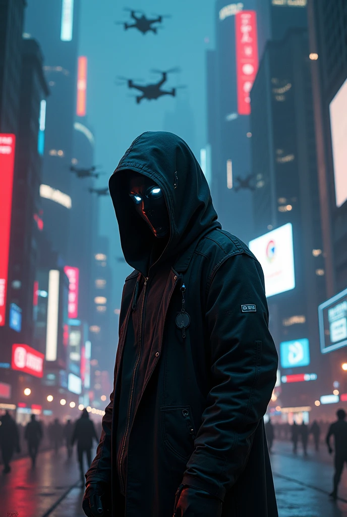 A realistic cypherpunk character standing in front of a sprawling futuristic city at night. The character is wearing a dark, high-tech hooded cloak that obscures part of their face, giving them a mysterious and enigmatic appearance. The cloak is made of advanced materials with subtle glowing lines and circuits. Their face is partially covered by a sleek, minimalistic mask with glowing digital eyes. The city in the background is filled with towering skyscrapers, neon lights, and holographic advertisements, reflecting a cyberpunk aesthetic. The streets below are bustling with activity, featuring flying cars and pedestrians, while the sky is filled with drones and digital billboards. The overall atmosphere is dark, moody, and intense, highlighting the character's role in this high-tech dystopian world.
