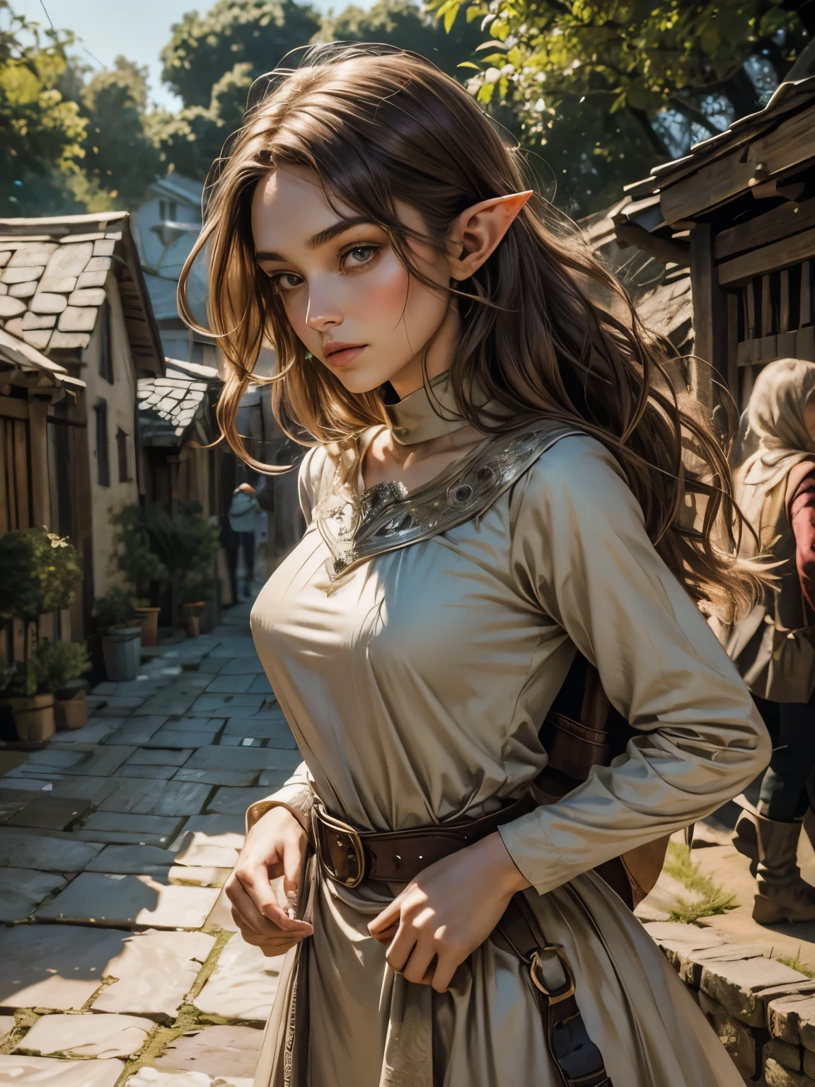 ((Medieval fantasy setting)). Tags: super detail, high details, high quality, best quality, highres, 4K, detailed face, face fix, detailed hands, detailed fingers, portret, 1girl "Echo is a 22-year-old half-elf. She has light brown skin. Thick light chestnut hair with caramel highlights and soft waves. Brown eyes with green hues. Her beautiful face is oval with soft features and pronounced cheekbones. She has full and attractive lips with a natural blush. A slight scar over her right eyebrow. Her ears are small like a human's but pointed like an elf's. Her physique is athletic and slim, she toned and flexible. She has a round and elastic body shapes."
Clothing. Dress with a simple, straight line, length to the ankles. The free cut allows you to move and work easily without restricting your movements. The sleeves are long, with the possibility of rolling them up if necessary. Color: Light brown or beige.
Details: At the waist - a thin belt made of the same material as the dress itself. The absence of any decorative elements or embroidery makes it ideal for camouflage among ordinary people.
Background: Medieval village, old houses, sloping wooden fences.
Tags: (covered nipples)