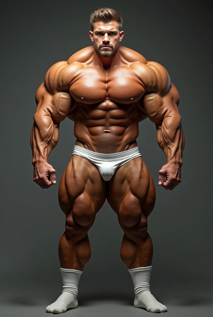A bodybuilder of only 18 years old with a nerdy face but who is the greatest bodybuilder in history, It is so big that the proportions of its muscles escape logic..
This one is wearing a pair of thigh-high white football socks. He has no beard.