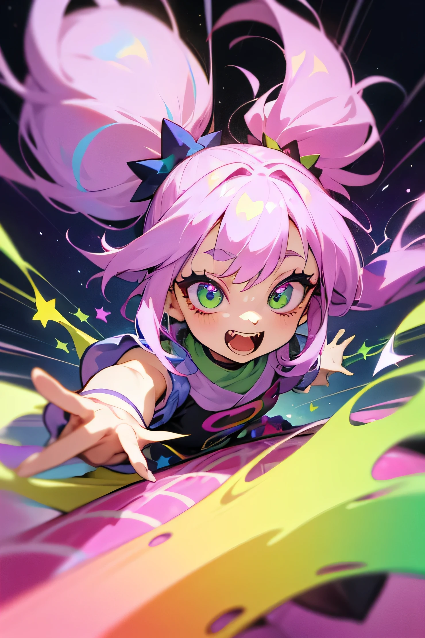 Girl, fluffy hair, purple hair, pink and green, long hair, big eyes, long eyelashes, small side ponytail, colorful green eyes, round eyes, stars in the eyes, open mouth, jagged teeth, joy, pop, cute, Colorful, happy pose, dynamic, pastel, (colorful:1), (sketch:0.3), (hyper pop:1), Jirai Kei, (realistic:1.3)