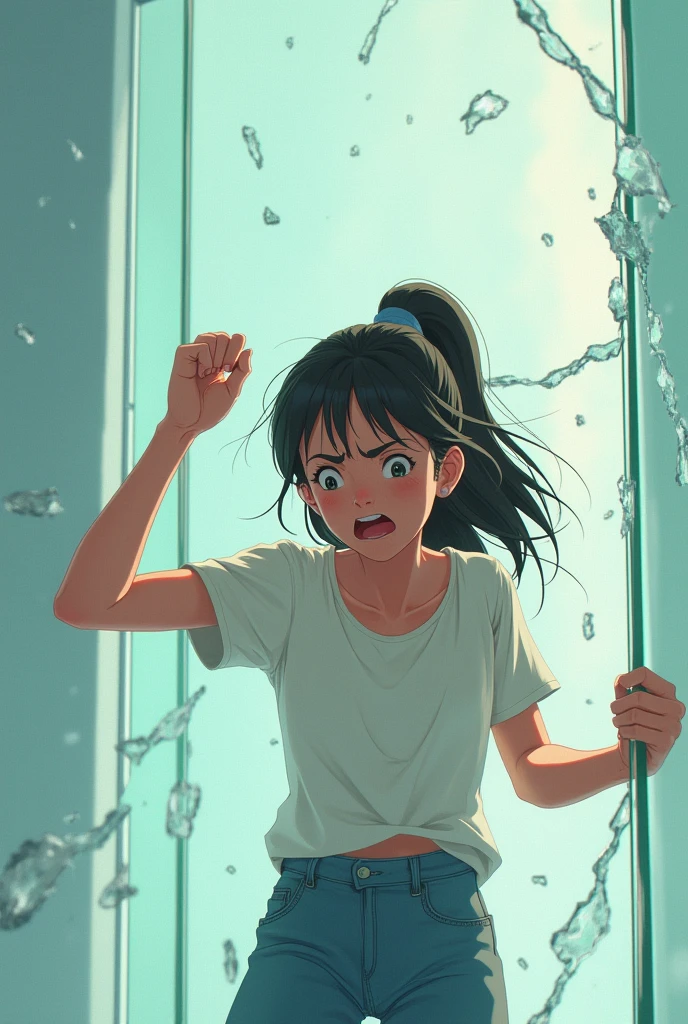 A young woman tries to get past a glass wall using force but can't (Realistic animated illustration )
