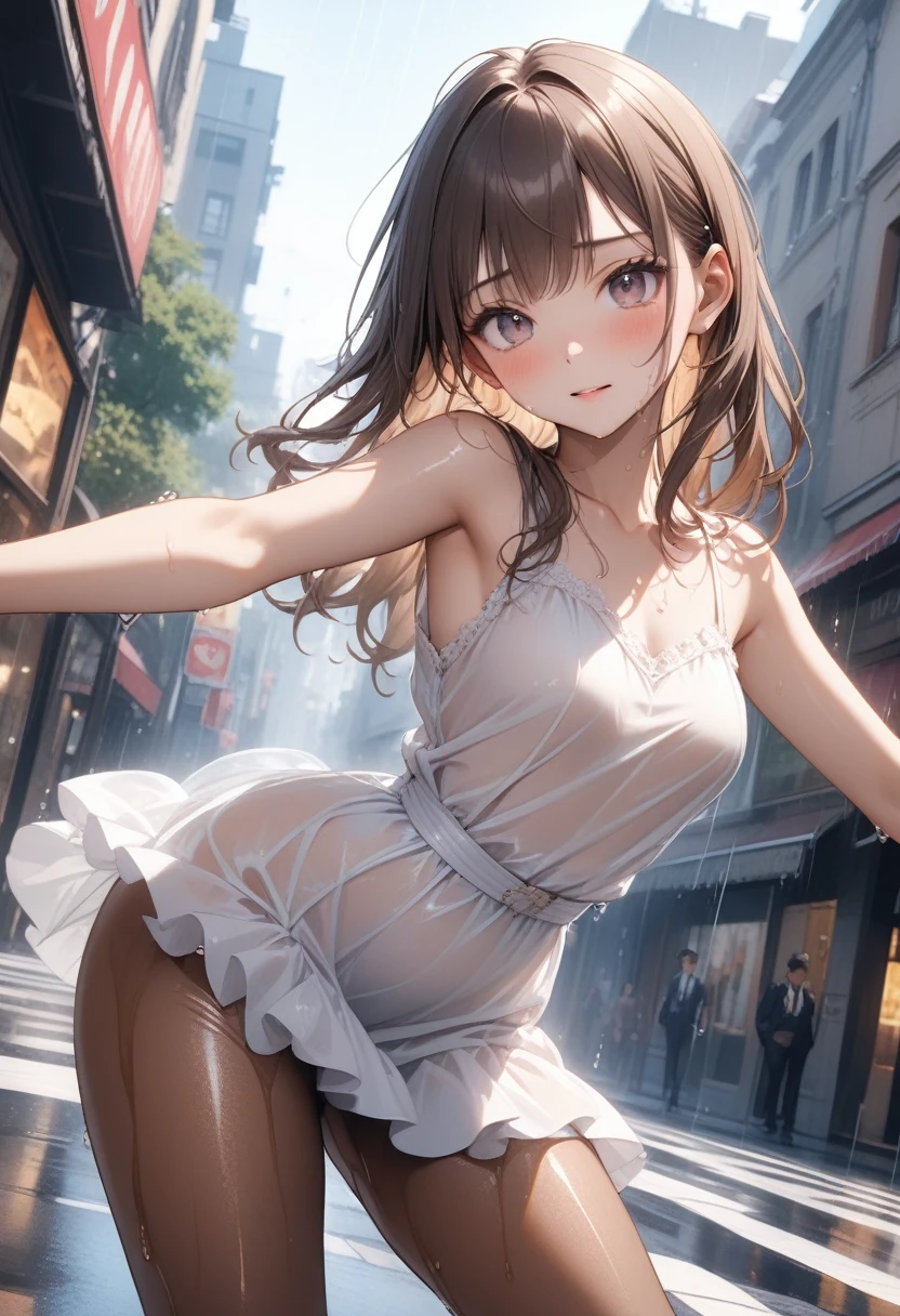 (((Rainy day in town))), Very wet from the rain, ((Fashion Model), (((A formal dress that is wet and transparent from the rain))), (skirt), (pantyhose),)), , ((Shiny Costumes)), skindentation, skinny, solo, 1 woman, Masterpiece, highest quality, highest quality, 16K, incredibly absurd, highly detailed, 2.5D, ai-generated, delicate and dynamic, very delicate facial expressions, delicate eye depiction, erotic, only sexy woman, ((A cute and kind face)), healthy figure, ((25-year-old woman)), 160cm tall, medium firm swaying bust, Sweat,Embarrassed,sexy, ((thin thighs)),, (camel toe:0.7), , (Erect nipples,:0.7), shiny and lustrous, facing straight at viewer, (((in heat))), ((Oily_skin)), ((Lots of sweat)), (((Brown Skin))), ((dutch angle)), ((erotic pose)), ((City sidewalk in midsummer)),, (((Very dynamic pose))),
