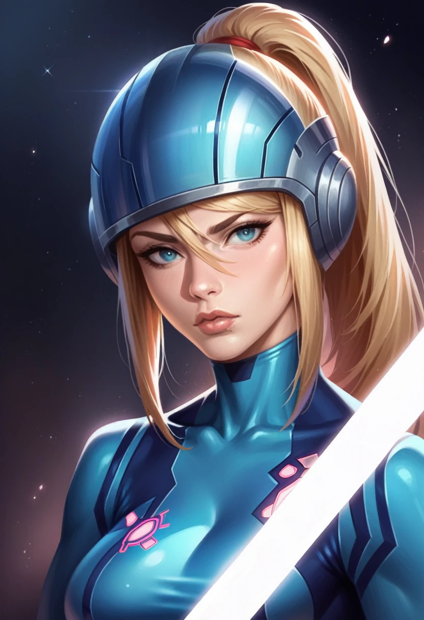 1girl, Zero Suit Samus Aran, highly detailed, extremely detailed face and eyes, beautiful detailed eyes, beautiful detailed lips, long eyelashes, athletic body, blue bodysuit, arm cannon, visor helmet, dark background, cinematic lighting, dramatic pose, cinematic composition, digital art, concept art, hyper realistic, photorealistic, 8k, masterpiece, best quality, ultra-detailed, sharp focus, physically-based rendering, vivid colors, advanced lighting