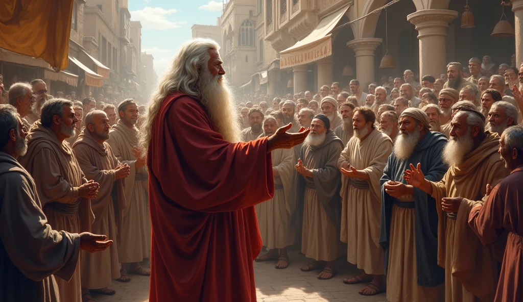 prophet Enoch, Man with white beard, age between 70 years,  crowd of men laughing at Enoch as he spoke about God.
