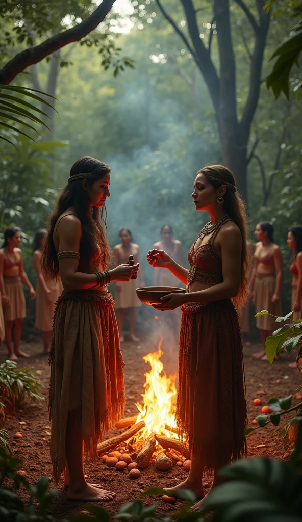 a fair-skinned woman with long straight light brown hair and another fair-skinned woman with shoulder-length wavy light brown hair, both Aztec and Mayan healers with equal importance in the ritual, in a forest around a campfire doing a cocoa ritual, one holding the cocoa fruit and the other a bowl over the fire, in the background people dancing in a circle and the cocoa fruit on the ground, convey depth