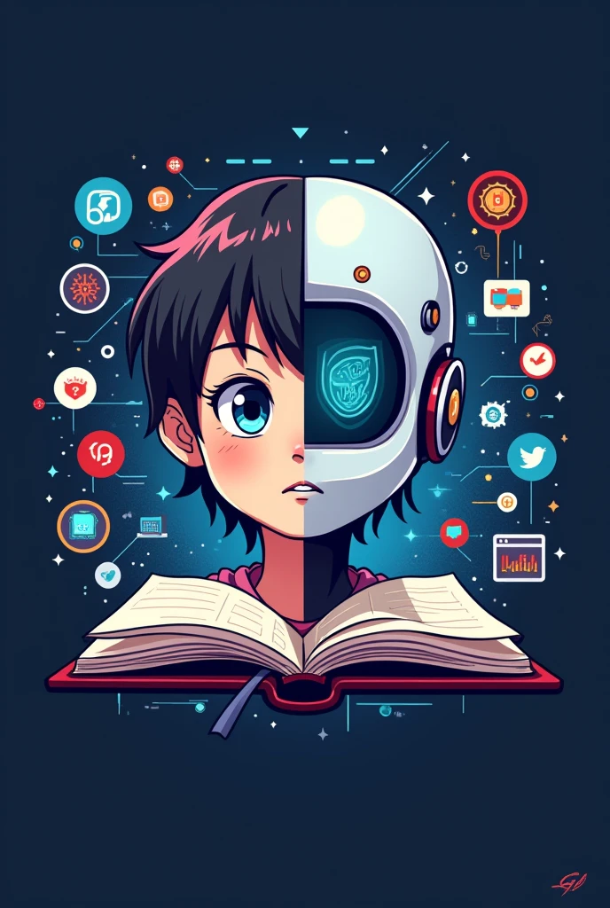 Create a logo image for your Facebook page profile ( technological color image, that has to do with school, education, book reading, newspaper, cellular, computer) put in the logo, the face of an anime style child, the child&#39;s face half human, half robot.