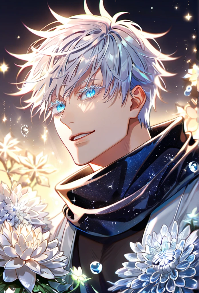 absurdres, highres, ultra detailed, HDR, master piece, best quality, extremely detailed, Gojou Satoru, white hair, expressive blue eyes, white eyelashes, colored eyelashes, Jujutsu Kaisen, solo, sexy man, handsome, smile, white haori, black scarf, black tight T-shirt, fantasy, water, sparkling, silver glittering fireflies, silver moon, silver blossoms, silver chrysanthemums, silver sparkling lights, starry sky, magical