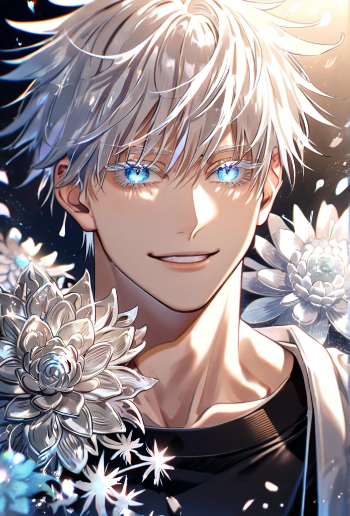 absurdres, highres, ultra detailed, HDR, master piece, best quality, extremely detailed, Gojou Satoru, white hair, expressive blue eyes, white eyelashes, colored eyelashes, Jujutsu Kaisen, solo, sexy man, handsome, smile, white haori, black scarf, black tight T-shirt, fantasy, water, sparkling, silver glittering fireflies, silver moon, silver blossoms, silver chrysanthemums, silver sparkling lights, starry sky, magical