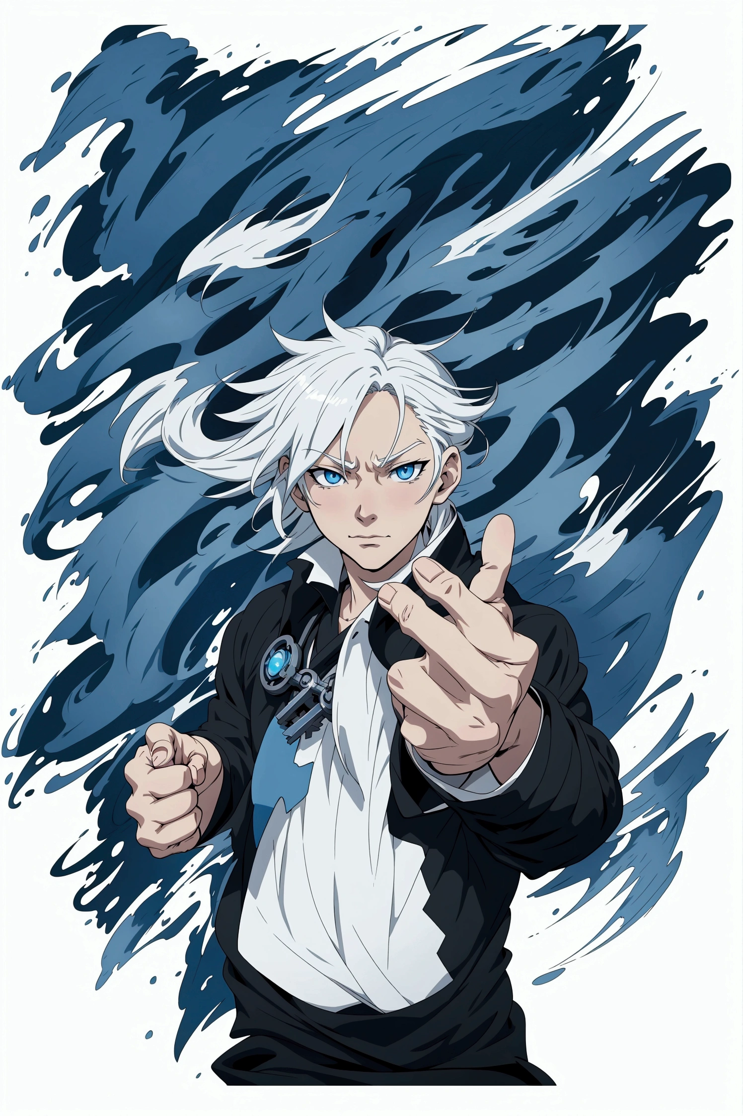 anime character with white hair and blue eyes giving a thumbs up, with index finger, anime key visual”, official anime still, official anime artwork, key visual, official anime key visual, key anime art, key anime visuals, official art, a silver haired mad, official studio anime still, sharp blue fires with black outlines, thick black drawing outlines, erratic blue and sky blue flames at the back ground