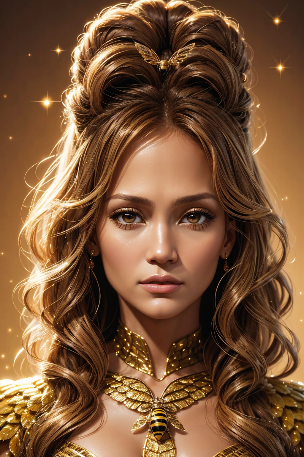 portrait Jennifer Lopez, wearing bee costume, against the background of a beehive, character portrait, 1 9 9 0 s, wavy hair, intricate, elegant, highly detailed, digital painting, artstation, concept art, smooth, sharp focus, illustration, art by wlop, charlie bowater and alexandra fomina, 36k, glittering, shining