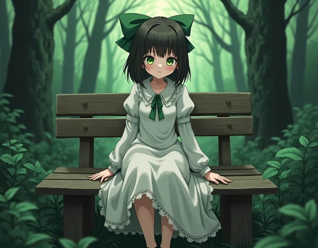 anime girl, Green eyes with very dark brown hair, wearing a modest white old-fashioned dress with long puffed sleeves, hem above the knees, black mary jane shoes, subtle embroidered trims, peter pan collars, slightly creepy, sitting on a bench by the forest, green large bow behind hair.