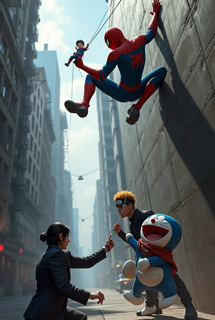 Spiderman is climbing a wall with skill, while holding Naruto with one hand.
John Wick is in the middle of an intense fight with Pocoyo, using his signature combat style.
Doraemon is in a corner of the scene, singing bachata with a lot of energy.