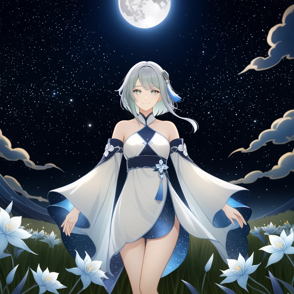 1girl, guizhong_\(genshin_impact\),light grey hair,short_hair_with_long_locks,starry_sky_print,detached_sleeves, long sleeves_past_fingers,hanfu,illustrated by matsuryuu and agahari and dsmile,pale blue eyes,stunning field of softly glowing blue and white glaze lilies,night scene,gentle smile,moonlight,glossy lips,vivid anime coloring,cel shading,smooth, soft dreamy focus,anklet,halter_top,white clothes,highly detailed,digital painting,field of flowers,bare_shoulders,wlop,barefoot,cool night tones, magical night scene,masterpiece, best quality, film, professional, 4k, highly detailed,Guardian nebula of rainbow light and silvery vapor,starry,cosmic,goddess,rich color,hdr,silver moon,

A woman shrouded in mystery, Stand gracefully on the endless shore, Surrounded by shimmering stardust, The bell Creates a faint glow in the haze. Her face, Full of expression and depth
