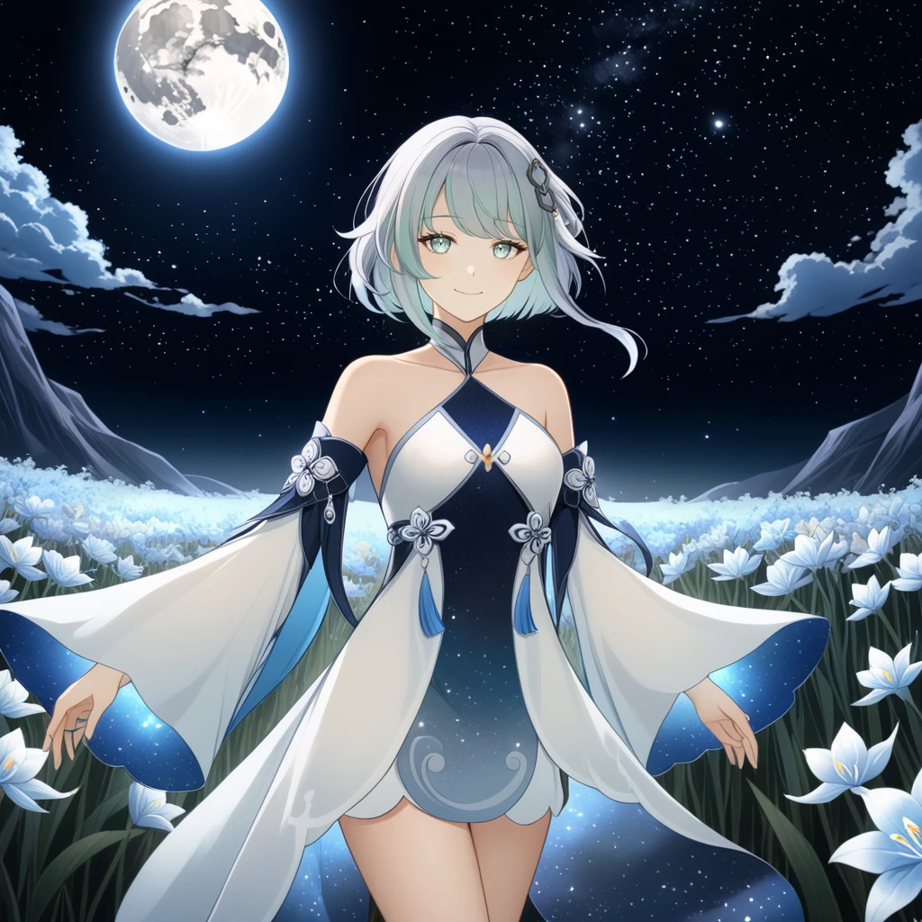 1girl, guizhong_\(genshin_impact\),light grey hair,short_hair_with_long_locks,starry_sky_print,detached_sleeves, long sleeves_past_fingers,hanfu,illustrated by matsuryuu and agahari and dsmile,pale blue eyes,stunning field of softly glowing blue and white glaze lilies,night scene,gentle smile,moonlight,glossy lips,vivid anime coloring,cel shading,smooth, soft dreamy focus,anklet,halter_top,white clothes,highly detailed,digital painting,field of flowers,bare_shoulders,wlop,barefoot,cool night tones, magical night scene,masterpiece, best quality, film, professional, 4k, highly detailed,Guardian nebula of rainbow light and silvery vapor,starry,cosmic,goddess,rich color,hdr,silver moon,

A woman shrouded in mystery, Stand gracefully on the endless shore, Surrounded by shimmering stardust, The bell Creates a faint glow in the haze. Her face, Full of expression and depth
