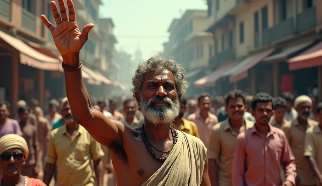 India's old calcutta , a man (farmer type) showing hand up with many more members 