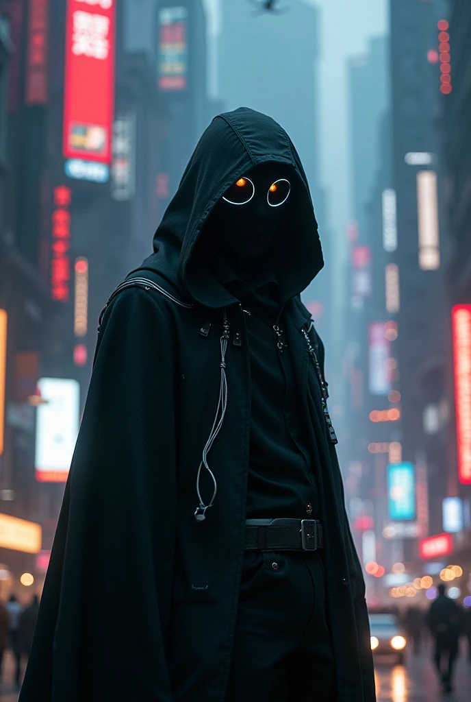 A realistic cypherpunk character standing in front of a sprawling futuristic city at night. The character is wearing a dark, high-tech hooded cloak that obscures part of their face, giving them a mysterious and enigmatic appearance. The cloak is made of advanced materials with subtle glowing lines and circuits. Their face is partially covered by a sleek, minimalistic mask with glowing digital eyes. The city in the background is filled with towering skyscrapers, neon lights, and holographic advertisements, reflecting a cyberpunk aesthetic. The streets below are bustling with activity, featuring flying cars and pedestrians, while the sky is filled with drones and digital billboards. The overall atmosphere is dark, moody, and intense, highlighting the character's role in this high-tech dystopian world.