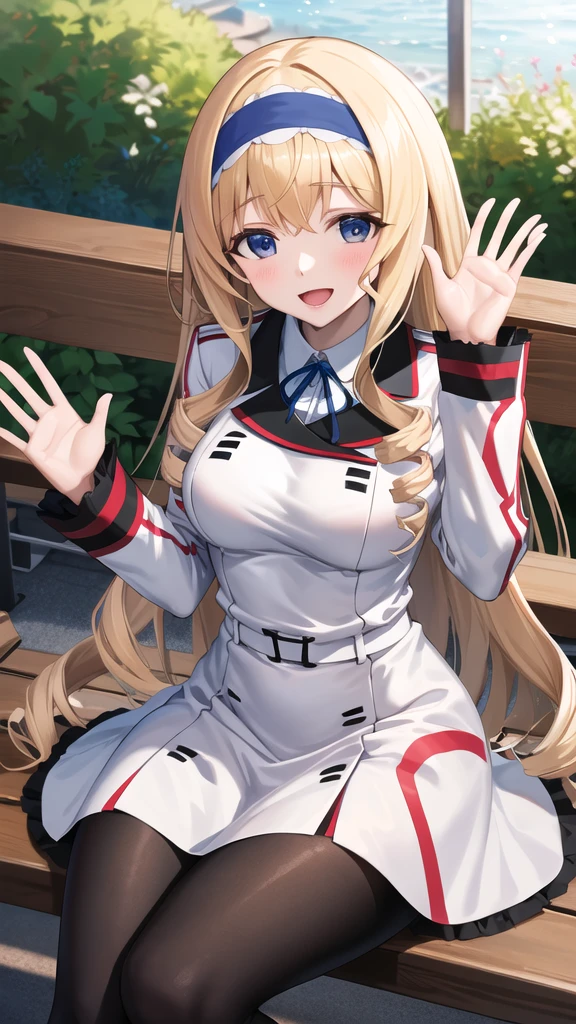 masterpiece, best quality, highres, aacecilia, very long hair, curly hair, drill hair, blue hairband, school uniform, white jacket, white dress, long sleeves, belt, black pantyhose, sitting, bench, waving, smile, open mouth, outdooors