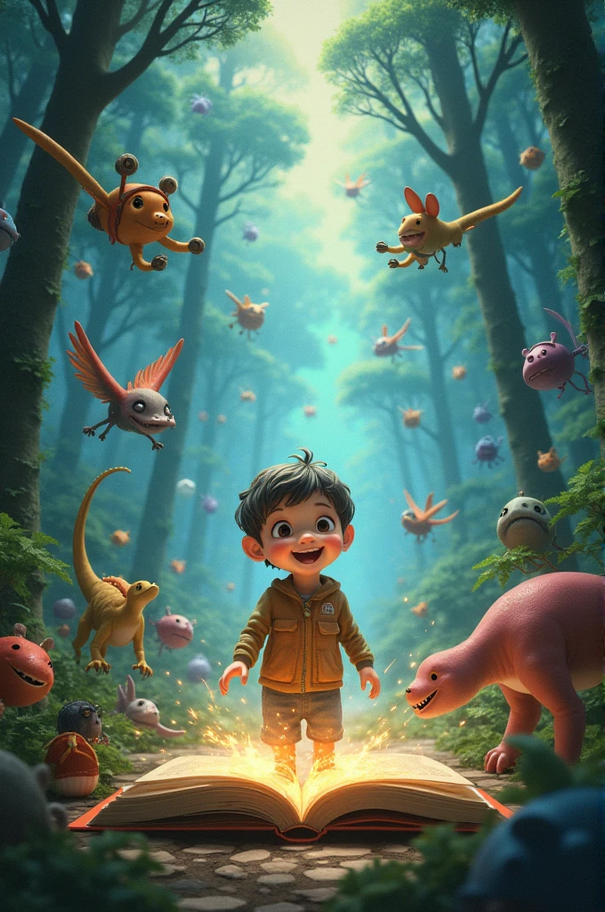A child is amazed after opening the book and the gadget flies around him and sees imagination like a dinosaur, animal, floating around him and a fantasy forest behind him