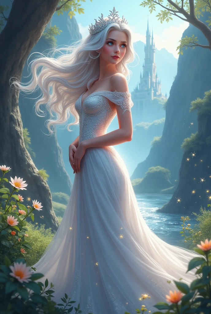 Make one with blonde hair behind a kingdom with white trees