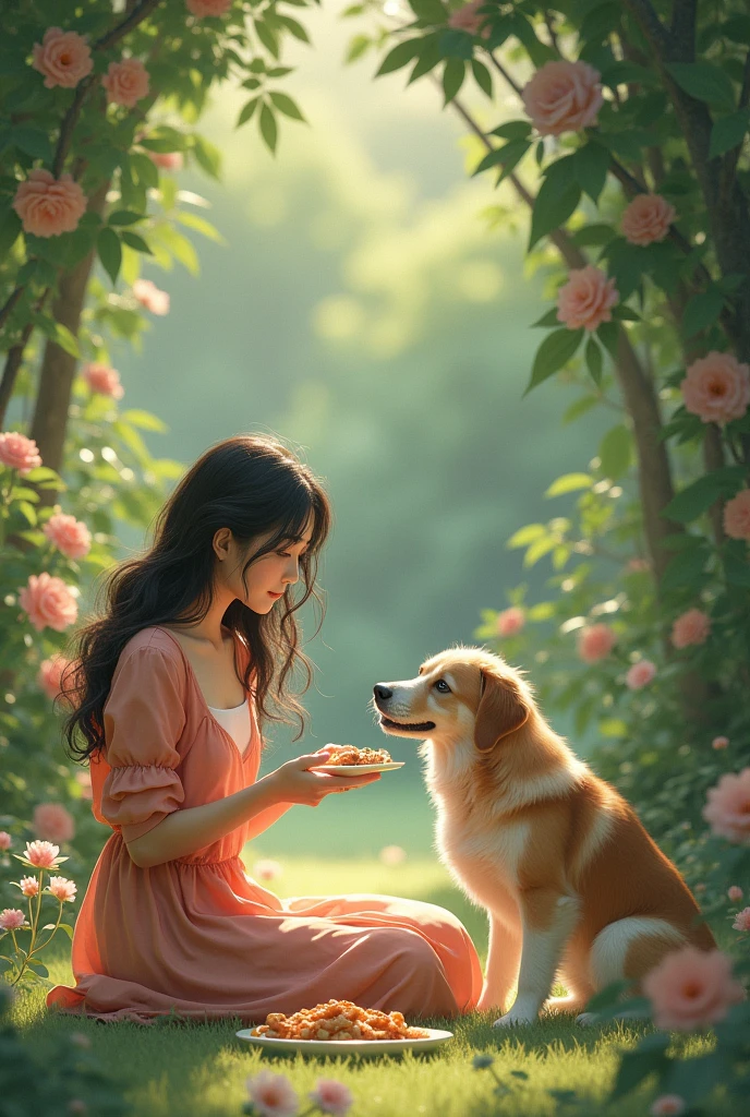 Woman eating with a dog