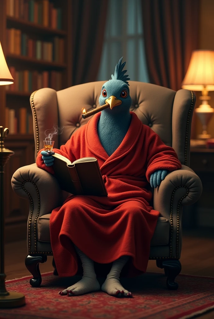 Create an image of an anthropomorphic pigeon character, sitting comfortably in a plush armchair. The pigeon is dressed in a luxurious red robe, and it holds a book in one hand while sipping a glass of whiskey with the other. A lit cigar rests in its beak, and the atmosphere is cozy and dimly lit, with soft light coming from a few table lamps around the room. The setting feels warm and inviting, with deep shadows adding a sense of intimacy and relaxation. The background should feature details like bookshelves, a classic rug, and a side table, enhancing the sophisticated and slightly whimsical mood of the scene