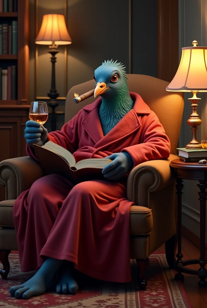 Create an image of an anthropomorphic pigeon character, sitting comfortably in a plush armchair. The pigeon is dressed in a luxurious red robe, and it holds a book in one hand while sipping a glass of whiskey with the other. A lit cigar rests in its beak, and the atmosphere is cozy and dimly lit, with soft light coming from a few table lamps around the room. The setting feels warm and inviting, with deep shadows adding a sense of intimacy and relaxation. The background should feature details like bookshelves, a classic rug, and a side table, enhancing the sophisticated and slightly whimsical mood of the scene