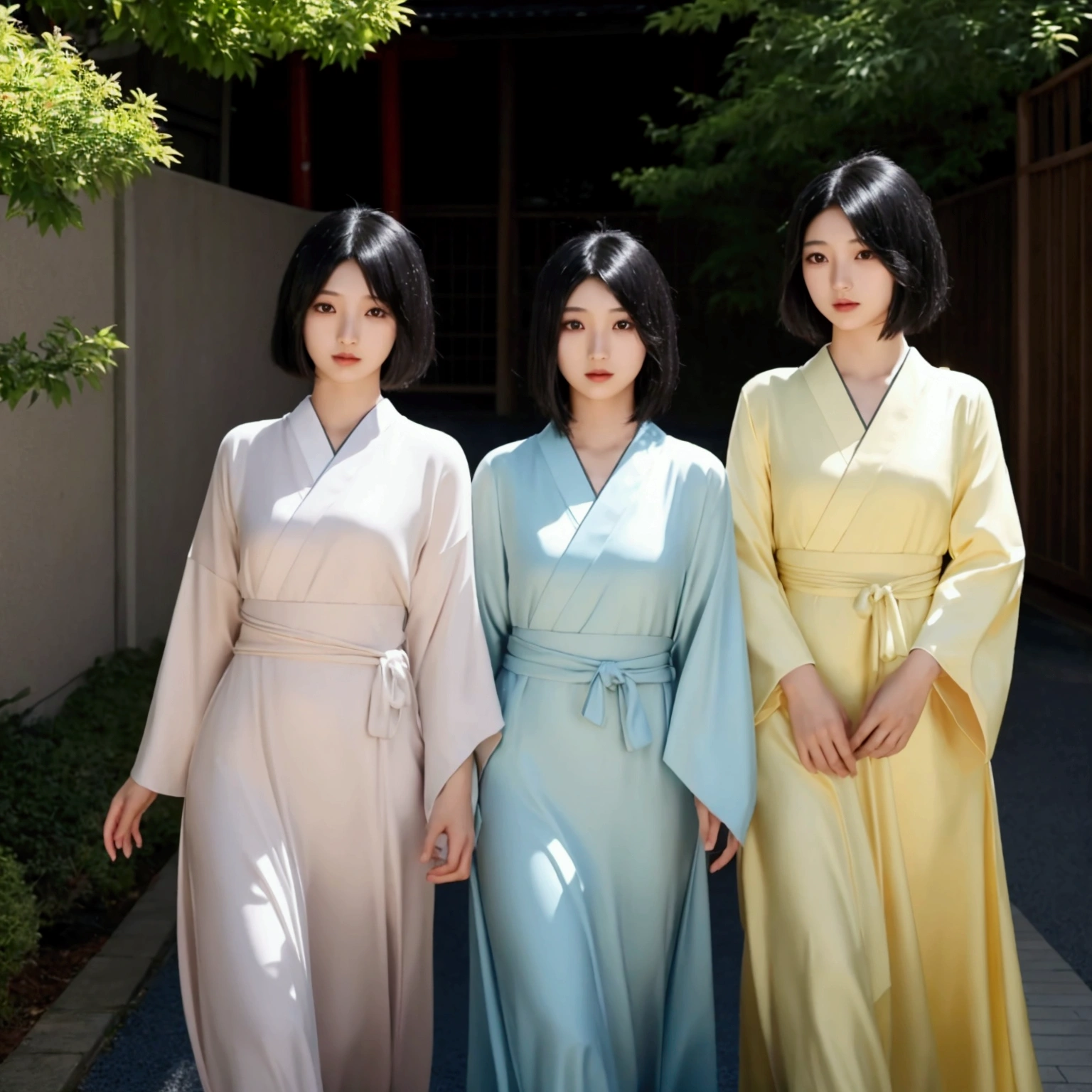 Three black-haired Japanese girls, two of them with short hair and one with long hair. They wear a flowing dress