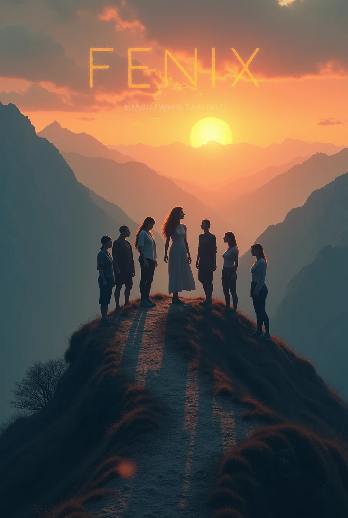 Imagine an image with a horizon at dawn, where the first rays of sun illuminate a mountain path. At the bottom of the image, Place 9 women standing on top of a hill, looking forward with determination. One of them is the leader. Add a text above that says FENIX