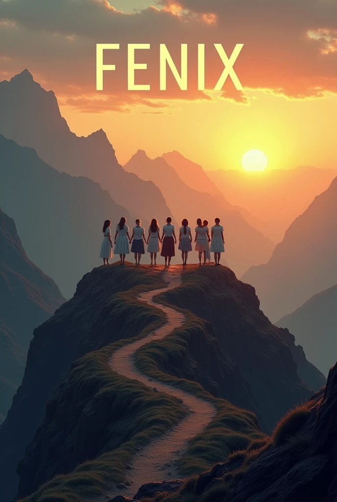 Imagine an image with a horizon at dawn, where the first rays of sun illuminate a mountain path. At the bottom of the image, Place 9 women standing on top of a hill, looking forward with determination. One of them is the leader. Add a text above that says FENIX