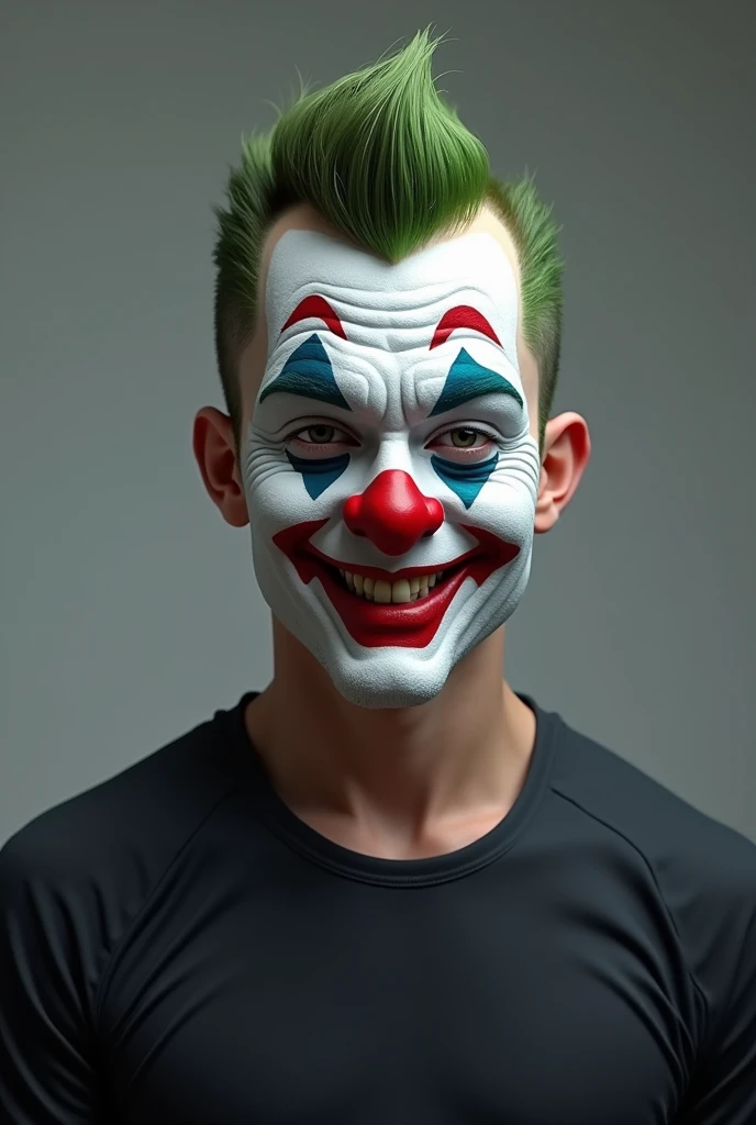 Friendly joker clown face with short hair fade little crest style and fitness dark shirt