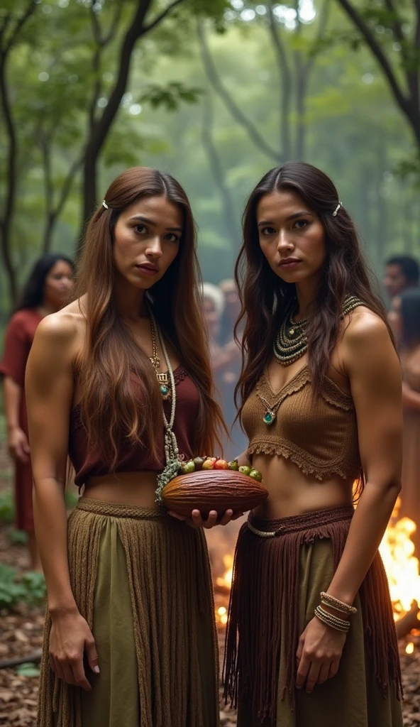 a fair-skinned woman with long straight light brown hair and another fair-skinned woman with shoulder-length wavy light brown hair, both Aztec and Mayan healers with equal importance in the ritual, in a forest around a campfire doing a cocoa ritual, one holding the cocoa fruit and the other a bowl over the fire, in the background people dancing in a circle and the cocoa fruit on the ground, convey depth