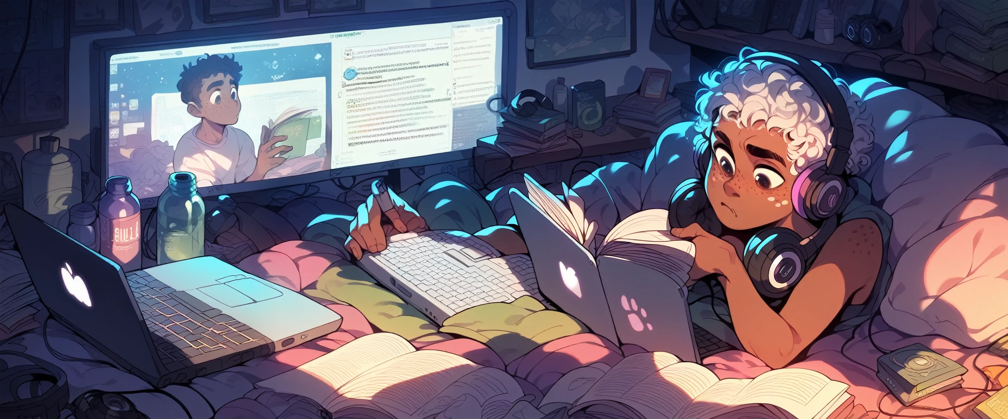 ((Boy)), ((Dark Skin)), ((Freckles on Face)), black curly hair, white streak, ((Studying)), bedroom, ((Calm)), ((Chill)), ((Headphones)), ((Laptop)), ((Monitor)), Night, Bottle, Desktop, ((Hacking)), ((Hacker)), Tech, HD, High Resolution, 4K