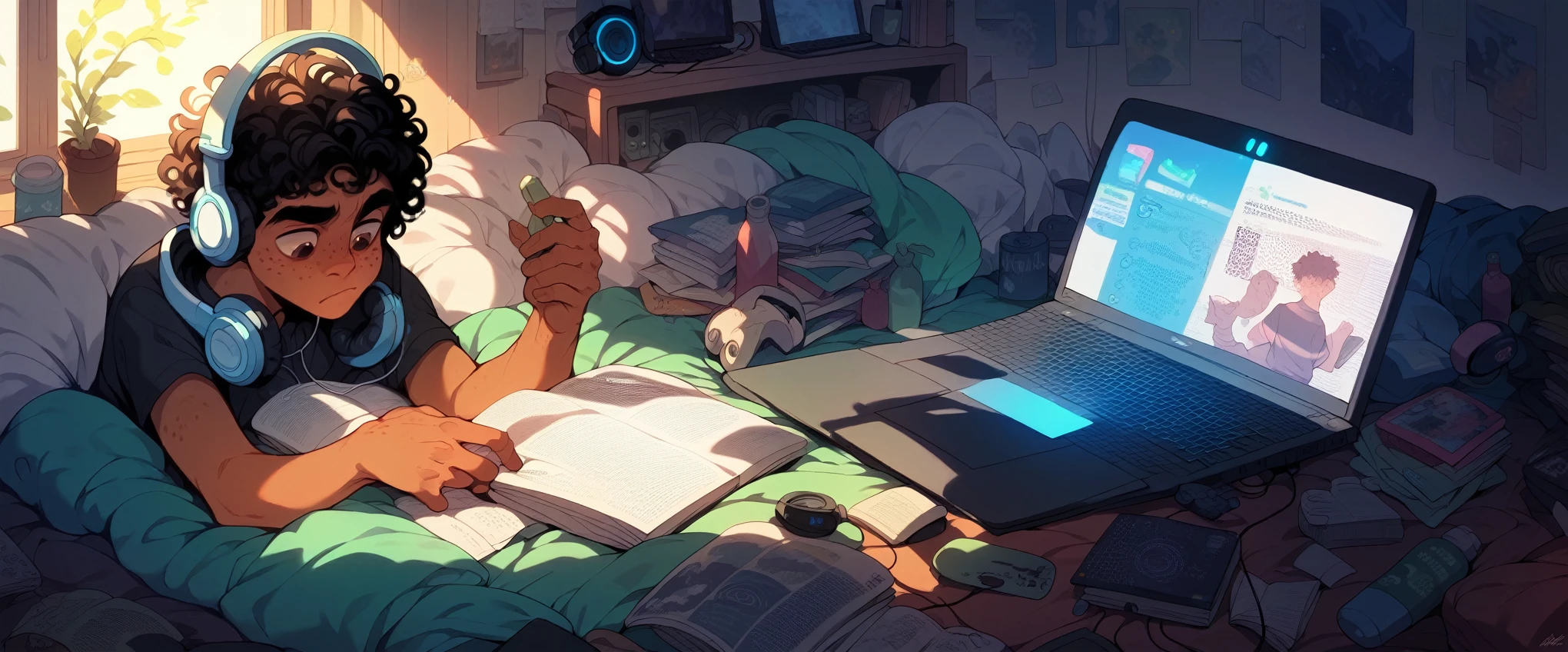 ((Boy)), ((Dark Skin)), ((Freckles on Face)), black curly hair, white streak, ((Studying)), bedroom, ((Calm)), ((Chill)), ((Headphones)), ((Laptop)), ((Monitor)), Night, Bottle, Desktop, ((Hacking)), ((Hacker)), Tech, HD, High Resolution, 4K