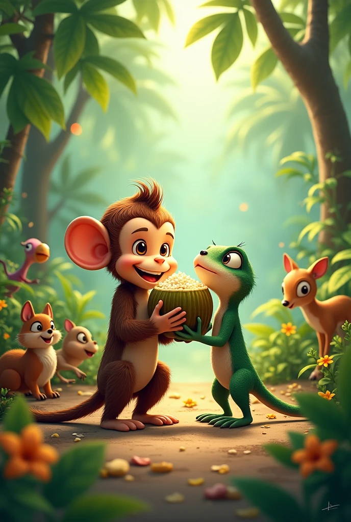 "Imagine a charming scene where a cute monkey and a delightful lizard are enjoying a coconut, surrounded by other animals. The monkey is playfully holding the coconut, while the lizard is nibbling on a piece. Around them, various animals like colorful birds, gentle deer, and playful squirrels gather, all marveling at the coconut feast. The setting is a lush, vibrant jungle with plenty of greenery and flowers, creating a lively and cheerful atmosphere."