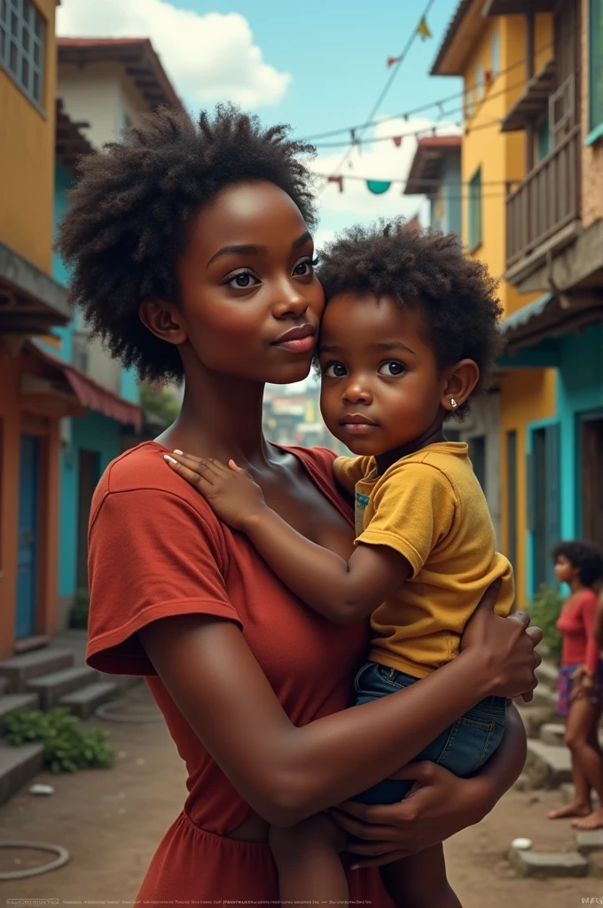 Create the image of a black woman with her son in her arms in the favela