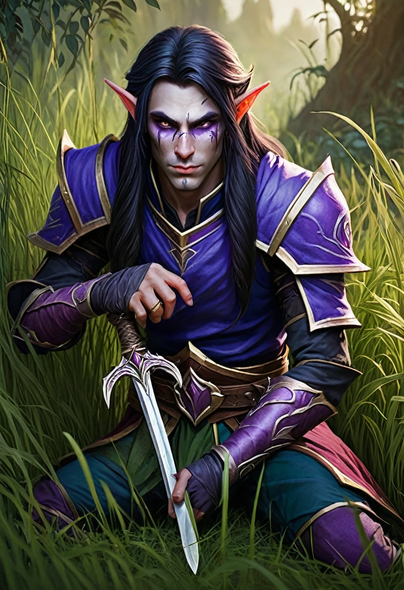 A young half-blood elf, with purple skin and long dark hair, Scrawny, hiding in grass, An infiltrator with a dagger in his hand and a bandage on his face, Hide and wait for the merchants&#39; cart,