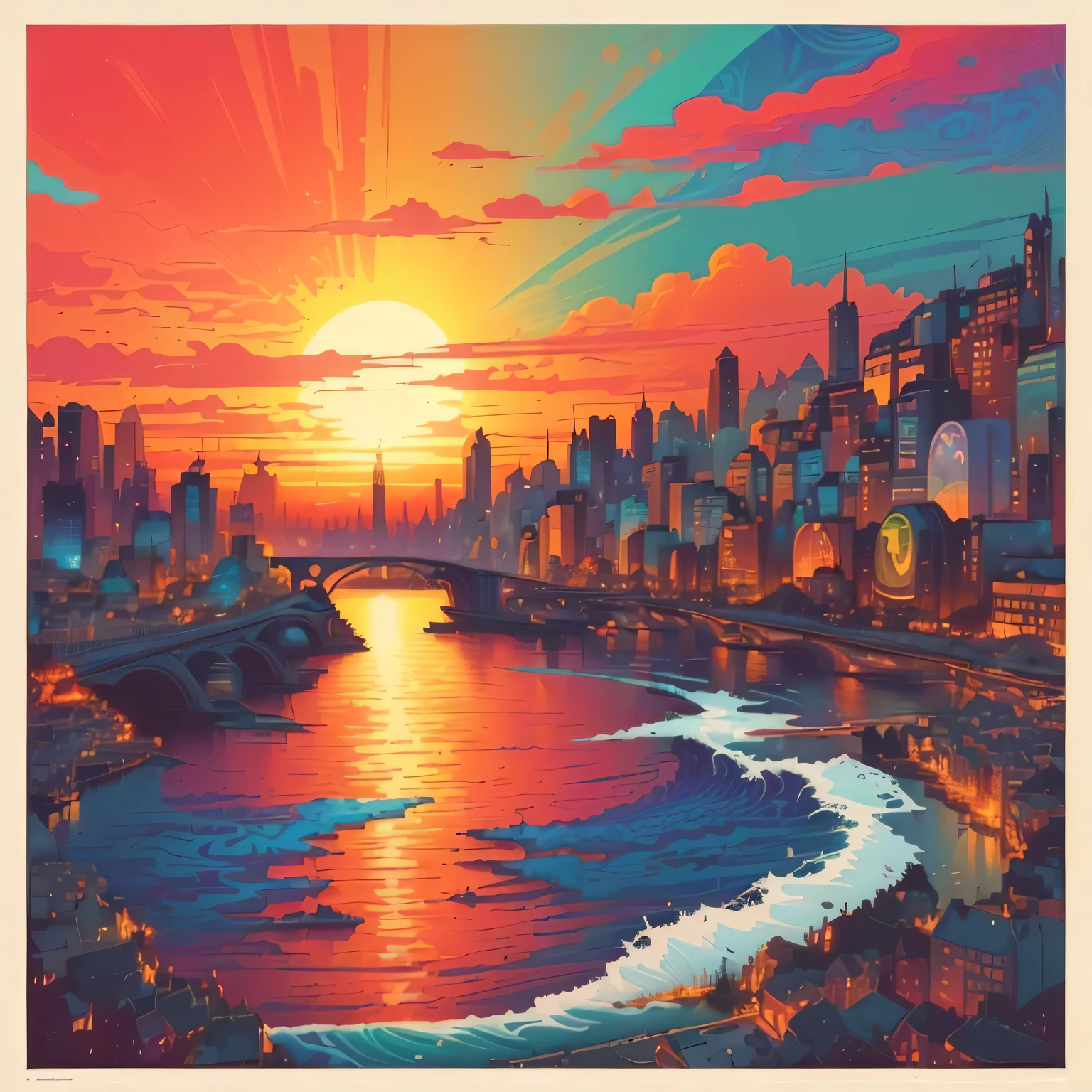 a painting of a sunset over a city with a body of water, high quality works of art, kilian eng vibrant colors, kilian eng vibrant colors, psychedelic sunset, and mumford ink, por Jason Benjamin, dan mumford and albert bierstadt, cyril rolando and m. w kaluta, cyril rolando and m.w kaluta