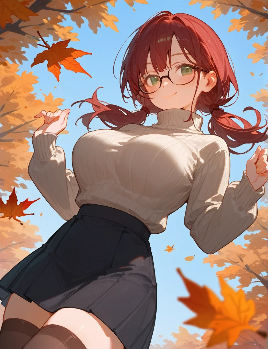 (from below:0.4), autumn, score_9_up,score_8_up, 1girl, solo, green eyes, burgundy hair, twin low tails, long hair, ((blush)), closed mouth, smile, big breast, pose, (thin girl:1.2), (leaves), glasses, turtleneck, black skirt, stockings, blue sky