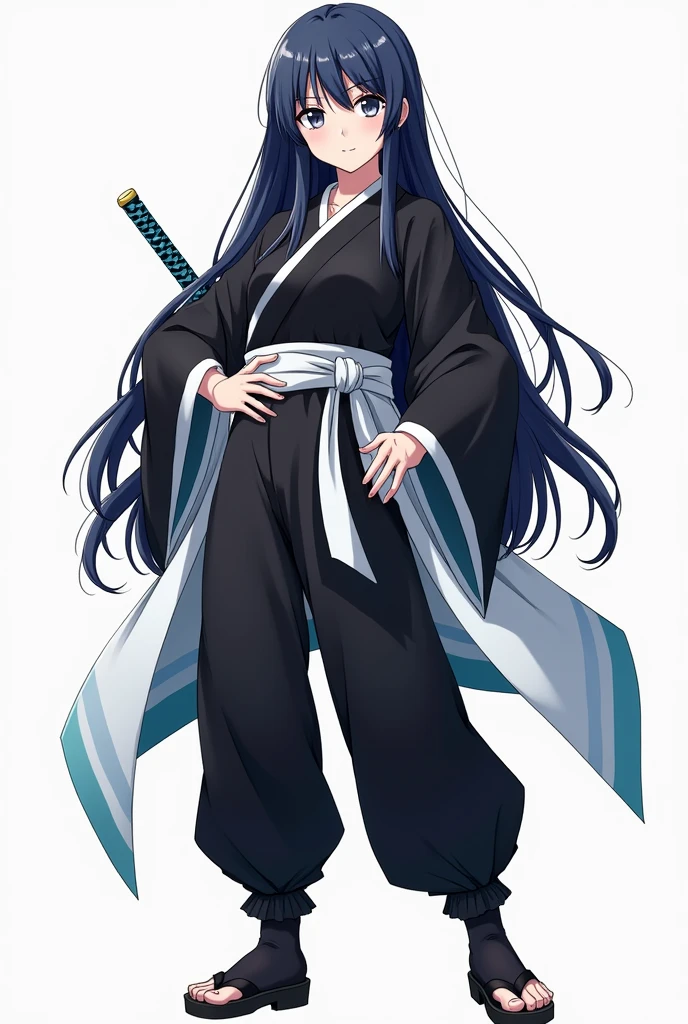 Kimetsu No Yaiba style anime woman with a medium size bust and wide waist.
Big gray eyes and long, straight navy blue hair.
Wearing an oversized black shirt with long sleeves with white edges and black oversized pants. A white belt and wears black socks and sandals.
a katana with a blue handle and a white haori with light blue edges.
A confident expression on her face