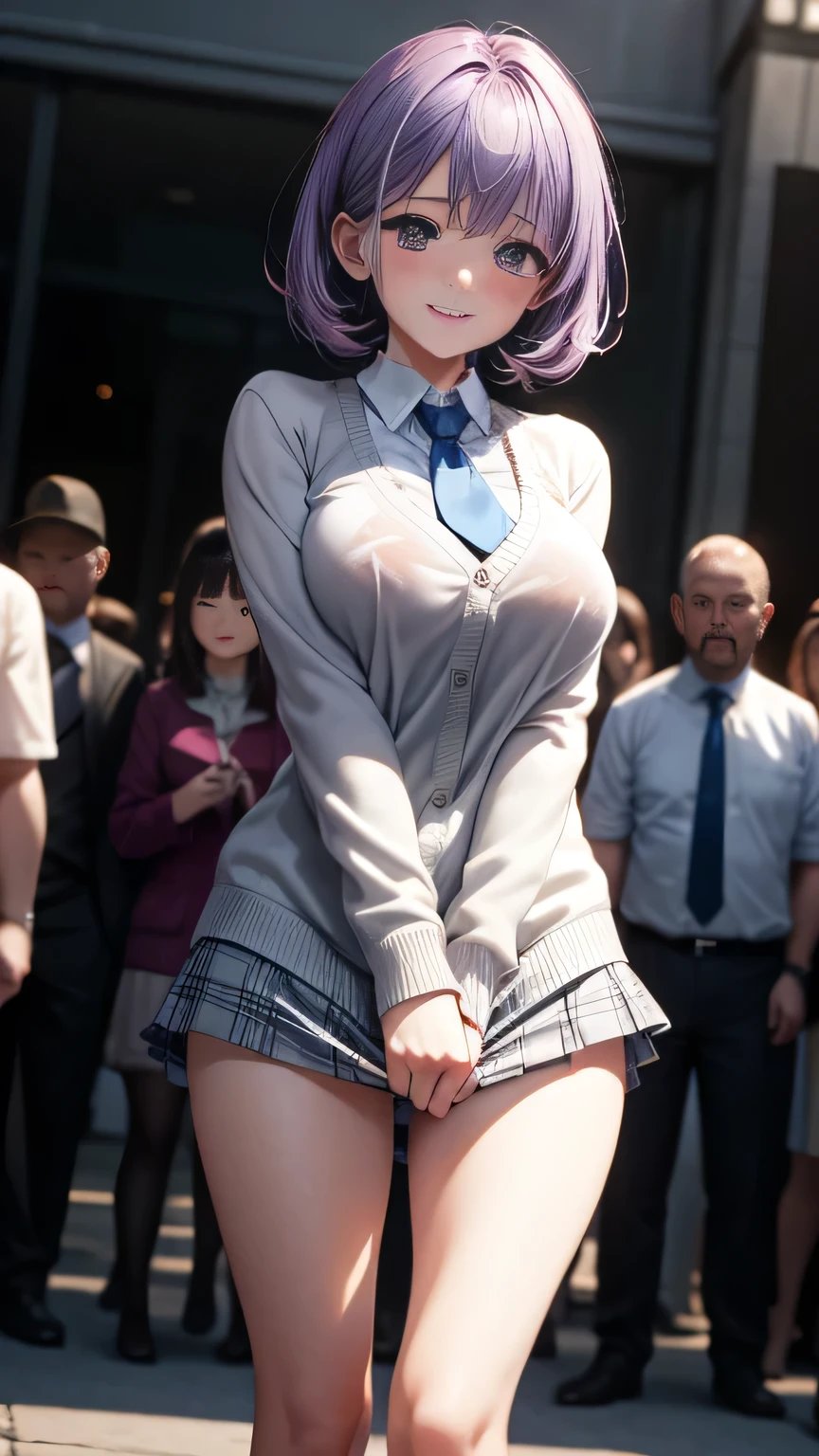 (Very detailed CG Unity 8K wallpaper),(masterpiece), (Highest quality), (Very detailed), (Best illustrations),(Best Shadow)、Large Breasts、crowd、A bunch of smiling men lifting up my skirt(See-through white underwear、I can see the streaks)、Embarrassed and blushing。Purple eyes and very short purple hair、White blouse、Blue tie、Checked mini skirt、Beige cardigan、Dynamic Angle