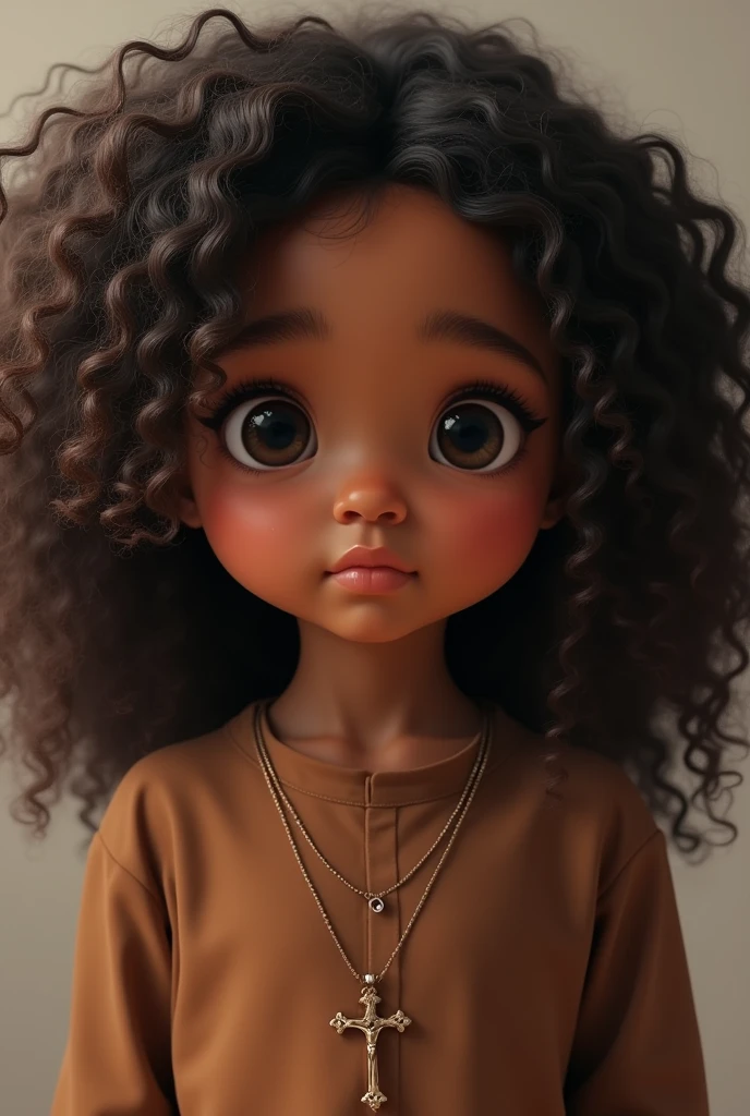 Create the image of a child,  black woman with long curly hair, approximately 5 years old,  olhos grandes e pretos, cm a brown blouse and a crucifix around his neck 