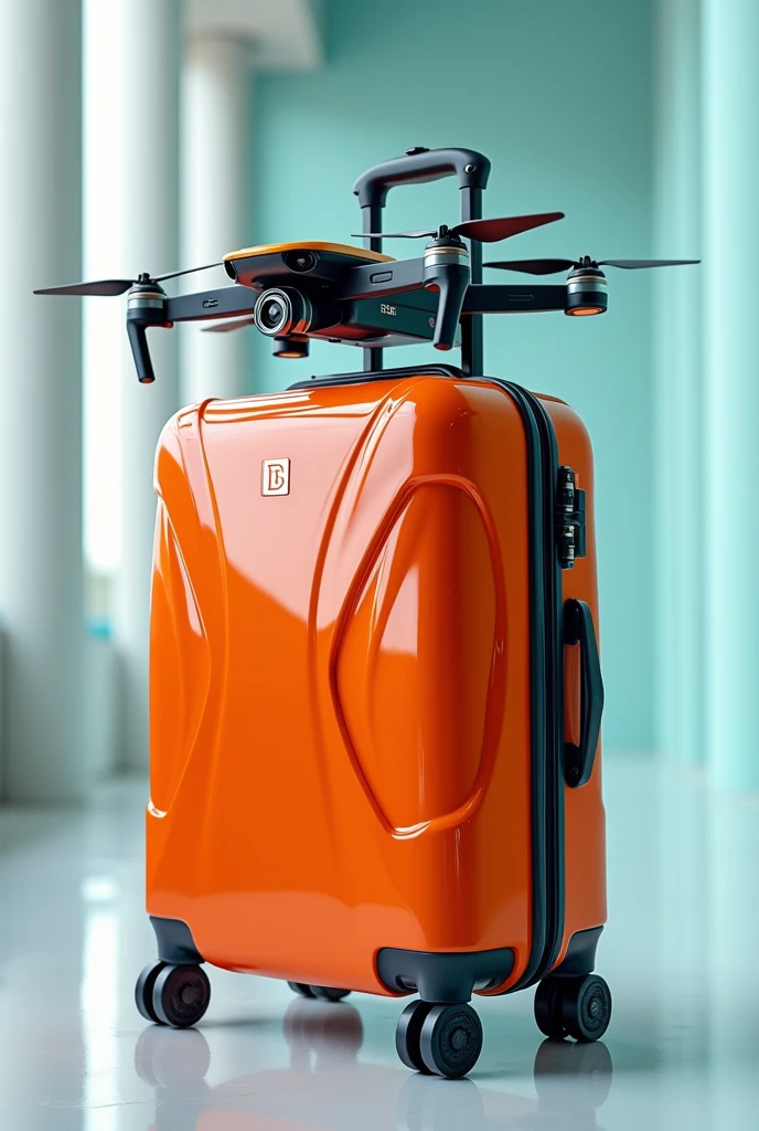 A beautiful suitcase with a drone replacing the handle part