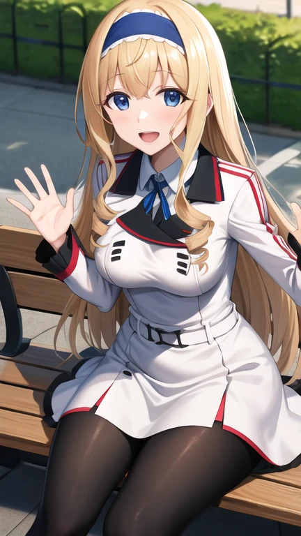 masterpiece, best quality, highres,  aacecilia, very long hair, curly hair, drill hair, blue hairband, school uniform, white jacket, white dress, long sleeves, belt, black pantyhose, sitting, bench, waving, smile, open mouth, outdooors